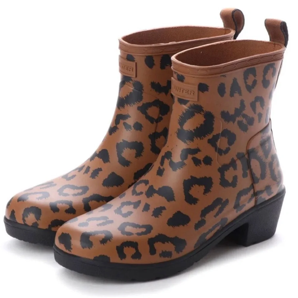 Hunter Original Leopard Print Refined Low Heel Wellies - Picture 1 of 16